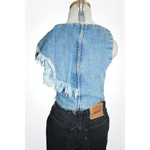 Zara Trafaluc Denimwear Frayed Ruffle Denim Crop Top XS Cotton Fringe Western - Picture 4 of 10